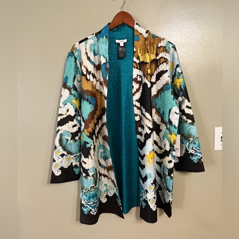 Chicos Womens Blue Colorful Patterned Open Cardigan Blazer Boho Reversible L NWT